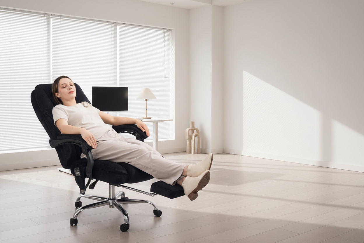 Woman relaxing in a black office chair in a home office setting.