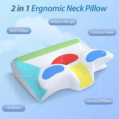 Memory Foam Cervical Pillow, 2 In 1 Ergonomic Contour for neck, Contoured Support Pillows, Neck Pillow