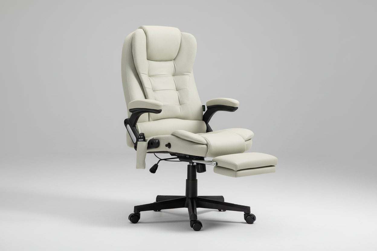 White office chair in a modern office setting with a computer monitor displaying a mountain scene.