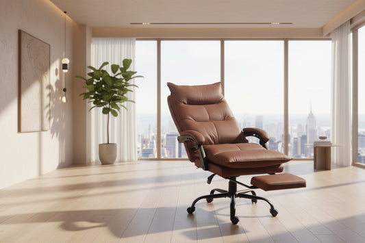 Brown leather recliner chair in a home office setting with a desk and computer.