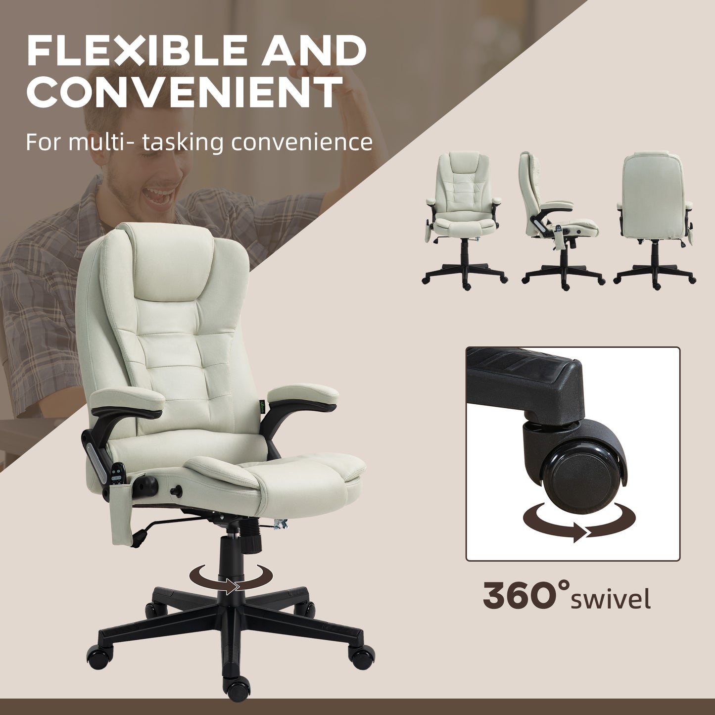 6 Point Vibrating Massage Office Chair with Heat, Microfiber Massage Desk Chair with Reclining Backrest, Beige