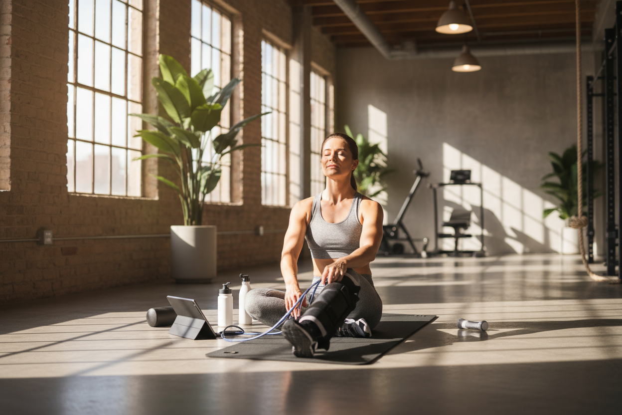 ⚡ Recovery Collection – “The Moment Between Effort and Greatness”

🎯 Concepto:
Captura el instante después del esfuerzo: el momento de silencio donde el cuerpo se repara y la mente se centra.
No es solo descanso físico, es renacimiento energético.

🖼️ Descripción visual:

Escenario: gimnasio moderno o loft urbano con luz natural entrando por una ventana. Piso de madera o concreto pulido.

Protagonista: persona fit (hombre o mujer) sentada o recostada sobre una colchoneta de entrenamiento, con un dispositi